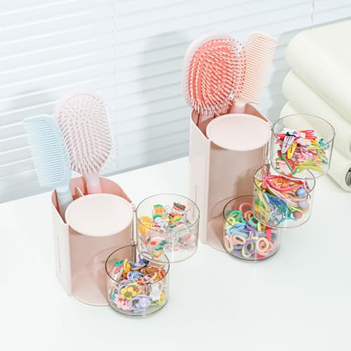 FABROK 3-Layer Hair Accessories Organizer with Brushes Holder, Rotating Small Jewelry Box for Hair Ties Clip Earring Necklaces, Bathroom Vanity Desktop Organizer Case for Cotton Swab(Pink) - color: Pink, size: 3-Layer