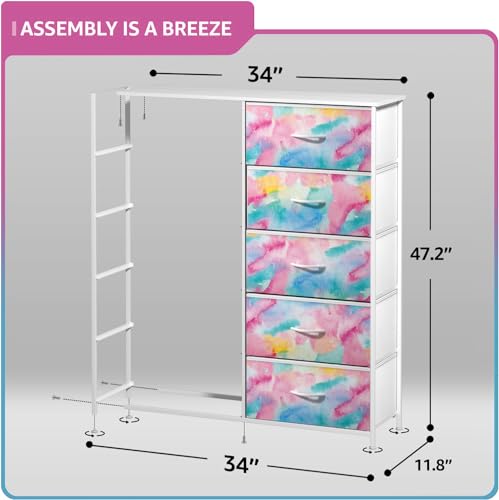 Sorbus Kids Dresser with 10 Drawers - Storage Chest Organizer Unit Nightstand - Steel Frame, Wood Top, Tie-Dye Fabric Bins for Clothes - Wide Furniture for Bedroom, Hallway, Nursery, Closet, Apartment - color: Watercolor, style: 10-Drawer