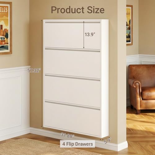 Shoe Cabinet with 4 Flip Drawers, Slim Metal Wall-Mounted Shoe Storage Organizer for Entryway, Hallway, Mudroom, Hidden Narrow Rack, White - style: 4 Flip Drawers
