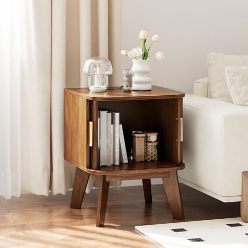 Fluted Nightstand with Sliding Tambour Doors, Curved Edge Wood Bedside Table for Bedroom, Side Tables with Storage for Living Room (1, Square - Walnut) - color: Square - Walnut