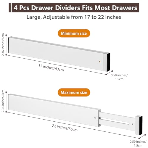 DUCOO 4 PCS Drawer Divider, 17"-22" Adjustable Bamboo Drawer Dividers Organizers, Expandable Separators for Kitchen, Clothes, Dressers, Home, Office, White - color: White
