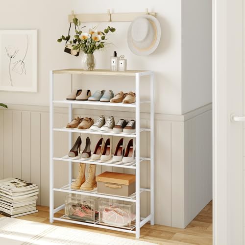 Yusong Shoe Rack Organizer, 6 Tier Industrial Shoe Storage Shelf, Narrow Sturdy Metal Shoe Shelves for Closet Entryway, White - color: White, size: 6 Tier