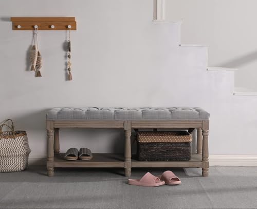 Kmax Storage Entryway Bench Tufted Shoe Rack Bench Wood Window Bench for Hallway Entrance Bedroom Corner, Gray - color: Grey, size: Storage- 2 Seats