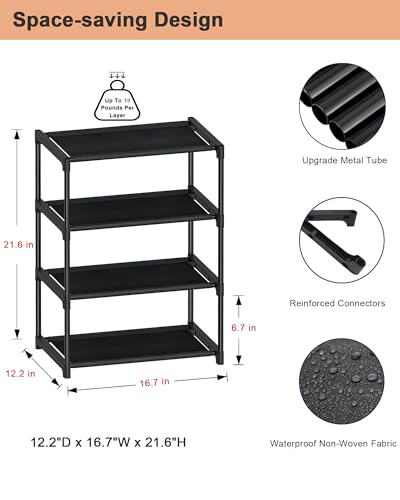 HITHIM 4 Tiers Small Shoe Rack,Narrow Stackable Shoe Shelf Organizer,Sturdy Shoe Stand, Non-Woven Fabric Metal Shoe Racks for Entryway, Doorway and Bedroom Closet - size: 4-tier