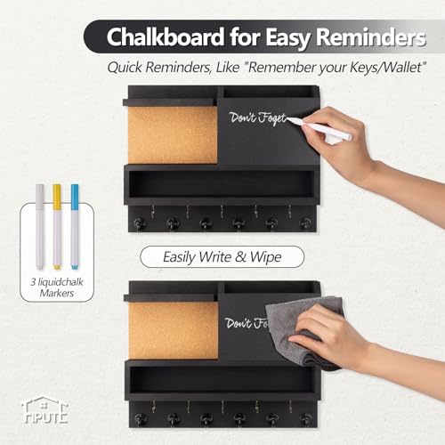 Key Holder for Wall Mount with Mail Organizer, Farmhouse Key Holder for Wall with Shelf, Chalkboard&Corkboard, Entryway Organizer 11 Metal Hooks, Decorative Natural Pine Wood, 14.6*11.1*3.3”, A-Black - color: Black-A