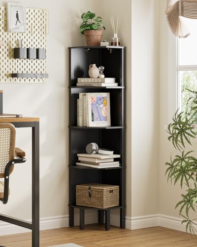 Corner Shelf, 5 Tier Corner Bookshelf, Display Corner Shelf Stand with Storage Rack, Wall Corner Bookshelf for Living Room, Bedroom, Office, Black - color: Black Without Light