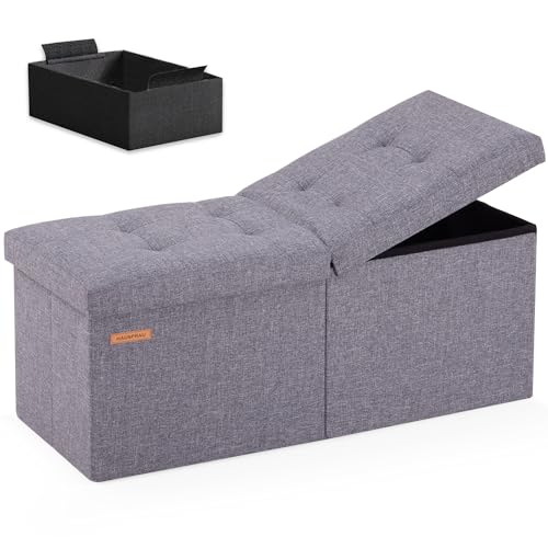 HAUSFRAU 31.5 Inches Ottoman with Storage, Folding Ottoman Bench Small Foot Rest Stool, Bedroom Bench with Flipping Lid, Linen Grey - color: Grey, size: 13"D x 31.5"W x 13"H