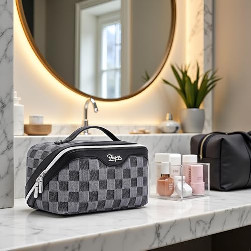 BOYATU Travel Makeup Bag for Women: Large Cosmetic Bag Set of 3 - PU Leather Make up Bag with Compartments - Compact Waterproof Toiletry Bag with Divider & Handle (D-2-Black) - color: D-2-Black