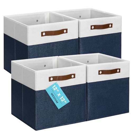 OrganiHaus 12" x 12" x 12" Fabric Cube Storage Bins - Set of 4, Cube Fabric Organizer Bins with Vegan Handles, Kallax Storage Cubes, 12 Inch Cubic Baskets for Shelves - Navy Blue - color: Navy Blue Base / Off-White, size: (12x12) Leather Handles