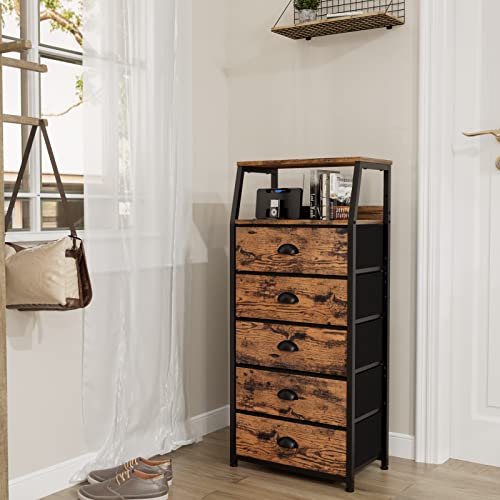 Furnulem Tall 5 Drawers Dresser, Vertical Storage Tower Fabric Dresser for Bedroom, Hallway, Entryway, Nursery, Closet Organizer, Nightstand Bedside Table Furniture, Sturdy Steel Frame, Wood Top - color: Rustic Brown, style: 5 Drawers