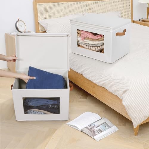 Univivi Storage Boxes with Lids Fabric Foldable Storage Bin for Clothes, [3-Pack] Closet Organizer Containers boxes with Handles for Home, Bedroom, Closet Storage (Beige,17” x 12” x 12") - color: Beige, size: 17''-3 Pack