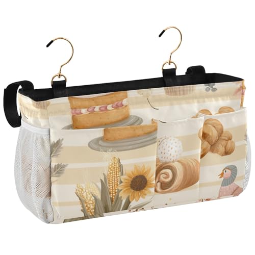 Bedside Caddy Metal Frame Hanging Organizer Bunk Bed Dorm Accessories Hook And Loop Storage Bag Large Pockets Beige Bread Pumpkin Thanksgiving - color: Beige Bread Pumpkin Thanksgiving