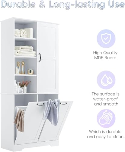 Virubi Tall Laundry Hamper Cabinet with 2 Tilt Out Hamper, Wood Tall Bathroom Laundry Room Storage Cabinet with Adjustable Shelves, Freestanding (White) - color: White, size: 31"x14"x68"