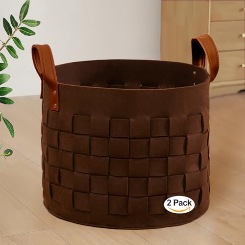 boldmonkey Blanket Basket 15 " x15 x13 2 Pack, Fabric Large Basket with Leather Handle, Dirt Clothes Laundry Basket Round for Babies, Dogs and Living Room-Brown - color: Wood Brown