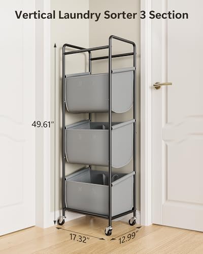 3 Section Laundry Sorter with Removable Bags, 120L Rolling Vertical Laundry Hamper, Stackable Laundry Baskets organizer for Bathroom, Apartment, Dorm (Gray, With Wheel) - color: Gray, size: With Wheel