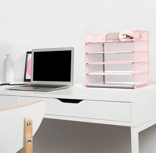 Sinboun Letter Tray Paper Organizer 5-Tier Desk Organizer File Organizer Paper Holder with Handle, Metal Desktop Document Shelf Tray Office Classroom Organization - Pink, PK5CENGTISHOU - color: Pink