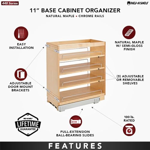 Rev-A-Shelf 11" Pullout Kitchen Cabinet Storage Organizer Slide Out Pantry Spice Rack with Adjustable Shelves for 11.5" W Cabinet Opening, 448-BC-11C - size: 11"W"