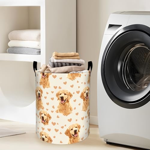 Cute Golden Retrievers with Hearts Laundry Basket with Handles, 19.7"x15.7" Clothes Foldable Laundry Hamper Organizer for Dorm Nursery Bedroom Bathroom Decor, Toy Storage Bin for Kids - style: Golden Retriever12