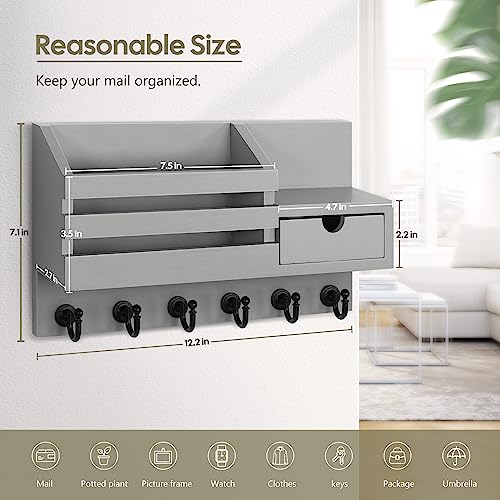 FifthQuarter Key and Mail Holder for Wall, Mail Organizer Wall Mount with 6 Hooks and Storage Drawer, Easy Installation Key Rack for Entryway and Home Decor (A-Grey) - color: A-Grey