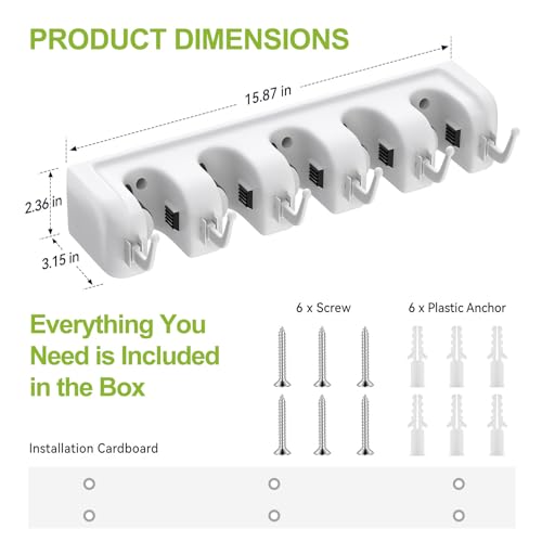 LETMY Broom Holder Wall Mount - Mop and Broom Hanger Holder - Garage Storage Rack & Garden Tool Organizer - 5 Position 6 Hooks Broom Rack for Home, kitchen, Garden, Tools, Garage Organization - White - color: White