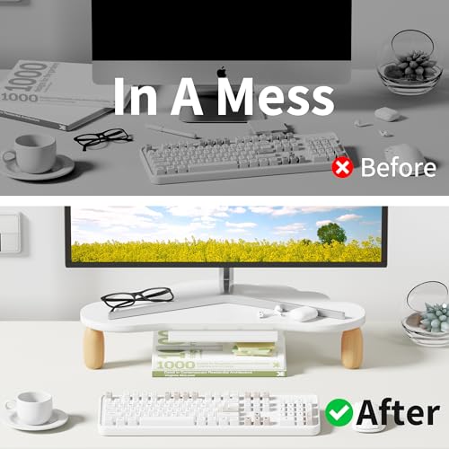 AFOOYO Monitor Stand Riser,Cloud-Shaped Sturdy Wood 16.5In Computer Monitor Riser Wirh Drawer, Multi-Purpose Desktop Organizer Riser for Computer,Laptop,Printer,TV,White - color: White, size: Wirh Drawer