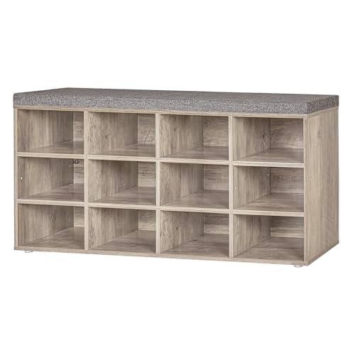 DINZI LVJ Shoe Storage Bench with Cushion, Cubby Rack with 12 Cubbies, Adjustable Shelves, Multifunctional Organizer Bench for Entryway, Mudroom, Hallway, Closet and Garage, Greige - color: Greige, size: 12 Cubby