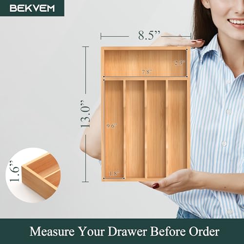 Silverware Organizer, Bamboo Kitchen Drawer Organizer, Utensil Holder, Cutlery Tray & Spoon Flatware Storage with Grooved Drawer Dividers (8.5''W x 13''D) - color: Natural, size: 8.5''W x 13''D