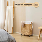 Rolling Laundry Hamper with Wheels, Slim Laundry Basket with Removable Liner Bag & 2 Mesh Bags, Handwoven Water Hyacinth Clothes Hamper for Bedroom Bathroom (Natural, 50L) - color: Natural/No Lid/50L