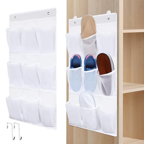 Dansydaisy 2 Pack 18 Pocket Wall Hanging Shoe Rack for Closet RV Shoe Storage with 8 Hooks over the Door Shoes Holder Organizer for Bathroom, RV, Pantry, Camping(White) - color: White