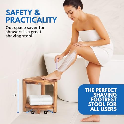 DecoTeak Teak Corner Shower Shelf – 2 Tier Waterproof Bathroom Storage Organizer Compact Wood Storage | Water-Resistant Design | Space Saver for Showers & Small Bathrooms | Shaving Foot Rest - size: 2 tier