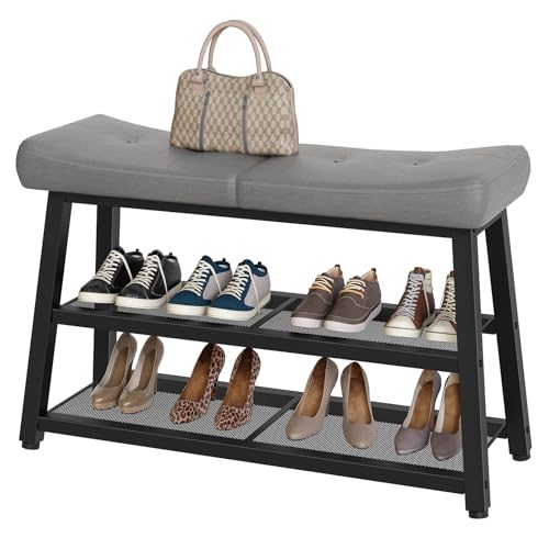 YATINEY Shoe Bench, 3-Tier Shoe Rack, Entryway Bench with Storage and Cushion, for Hallway, Foyer, Bedroom, Gray and Black HX02BG - color: Gray + Black
