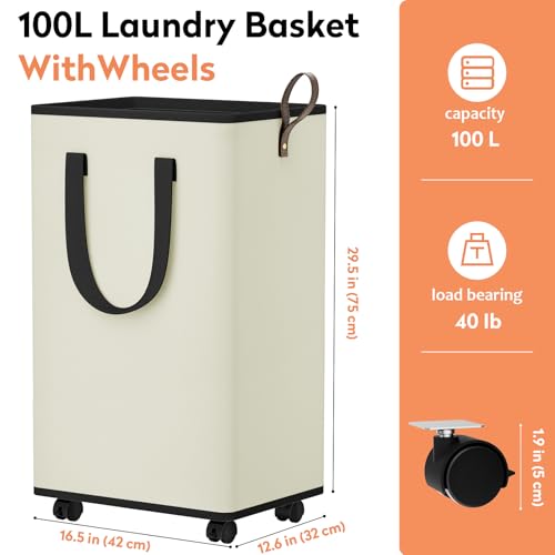 SpaceTrove Laundry Basket with Wheels, Collapsible Laundry Baskets, Laundry Hamper with Handles Detachable Wheels, Rolling Laundry Basket, Dirty Clothes Hamper for Bathroom, Dorm, Bedroom, Cream, 100L - color: Cream, size: 100L