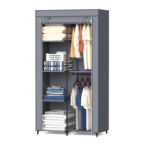 Portable Closet, Wardrobe Closet with 6 Storage Shelves and 2 Hanging Rods, Non-Woven Fabric Cover, 34.6 x 17.7 x 66.1 Inches Closet Organizer for Bedroom, Gray - size: Medium