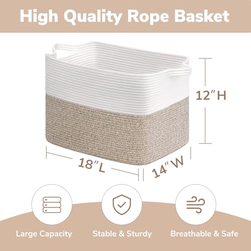 Goodpick Woven Baskets for Organizing, 18" x 14" x 12" Blanket Storage for Living Room Home Decor, Rectangle Toy Storage Basket for Kids, Large Gift Baskets Empty, White & Brown - color: Light Brown, size: 18"L x 14"W x 12"H