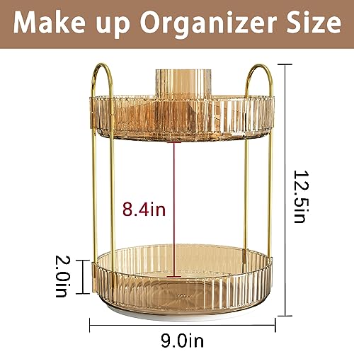 shuang qing Rotating Makeup Organizer for Vanity, High-Capacity Skincare Clear Make Up Storage Perfume Organizers Cosmetic Dresser Organizer Countertop 360 Spinning (Gold, New-2 Tier) - color: Gold, size: New-2 Tier