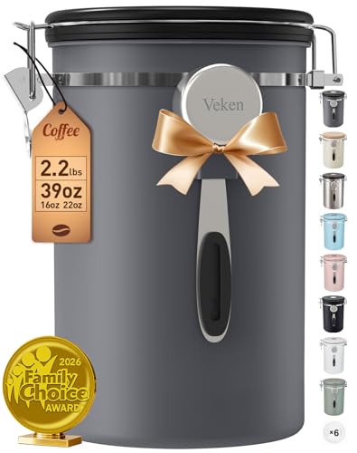 Veken Coffee Canister, 39OZ Large, Airtight Stainless Steel Food Storage Container for 2.2lbs Coffee Beans,Ground, Sugar,Espresso,Rice,Tea,Flour, Pod Baskets, Home Kitchen Bar Accessories, Gifts, Gray - color: Gray, size: 39 oz