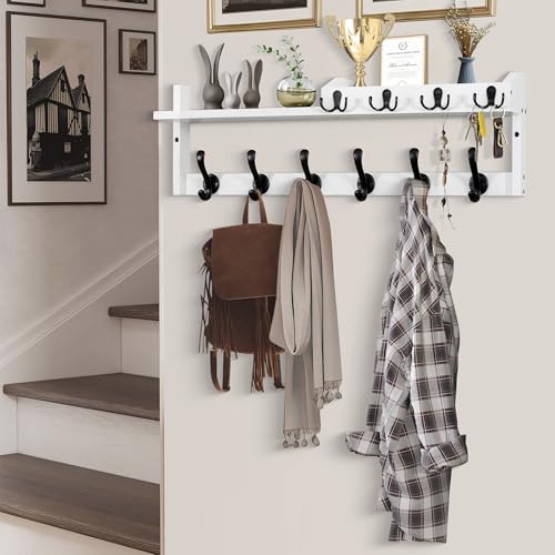 Coat Rack Wall Mount with Shelf, 27.5" Entryway Wall Hanging Shelf, Coat and Key Hanger with 10 Dual Hooks, Mail Organizer and Key Holder Hat Rack for Wall, Wood Coat Hooks with Storage - color: White