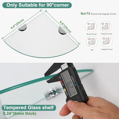 Glass Corner Shower Shelves, Tempered Floating Glass Shelves Wall Mount, Shower Caddy Organizer, Bathroom Corner Shelf with Zinc Alloy Brackets for Bathroom, Kitchen, Living Room, 9.8" x 9.8", 2 Pack - size: 2 PACK Without Rail