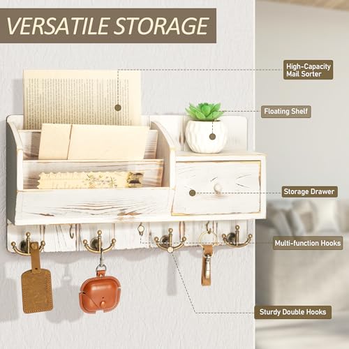Rebee Vision Key Holder Wall Mount with Mail Sorter - Farmhouse Mail and Key Organizer for Wall with Small Drawer Organizer - Ideal Farmhouse Home Decor Solution (Whitewash) - color: Whitewash