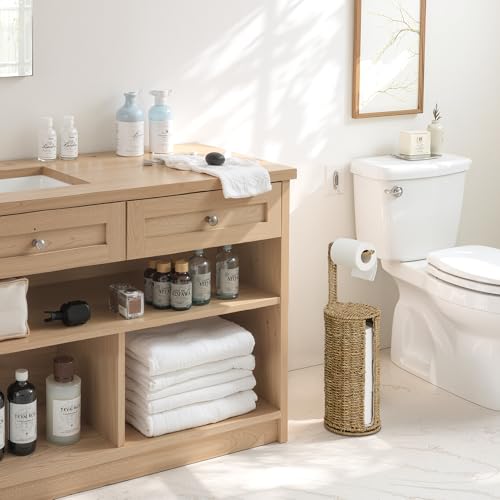 StorageWorks Wicker Seagrass Freestanding Toilet Paper Holder Stand with Storage, Farmhouse Covered Toilet Paper Stand for 4 Rolls with Cloth Lining, Tissue Holder for Bathroom Decor with Shelf - color: Natural（seagrass）, size: 6¾"D(For 4 Roll)
