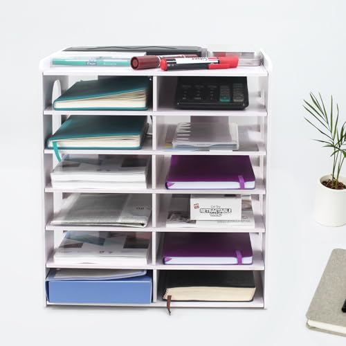 SONGWAY Desktop Mail Sorter Organizer - Small File Organizer for Desk, Desk Bills Storage, 12 Slots Ink Pad and Stamp Pad Storage Rack - size: 7-tier&12-slots