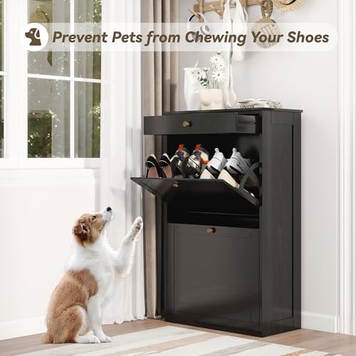FTZxHKLX Shoe Cabinet with 2 Flip Drawers, Slim Freestanding Hidden Shoe Organizer with Drawer, Pet-Proof Shoe Storage Cabinet for Entryway Living Room Behind The Door, Black - color: Black, size: 1pcs