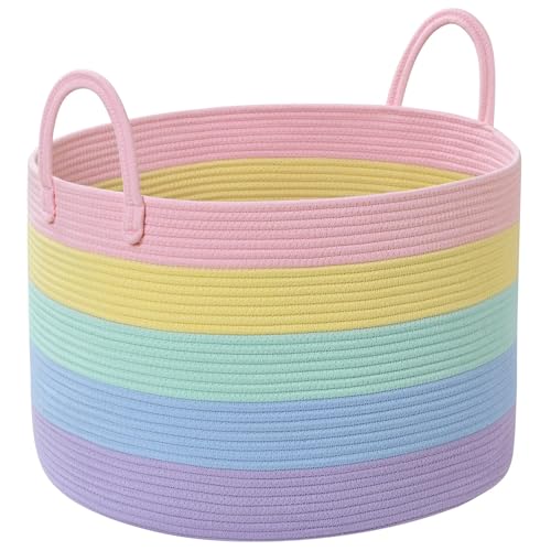 Rainbow Toy Basket, 20"x13" Extra Large Kids Toy Storage for Playroom Classroom Nursery, Woven Rope Blanket Basket with Handles, Stuffed Animal Organizer & Dog Toys Basket - color: Light Rainbow - Wide