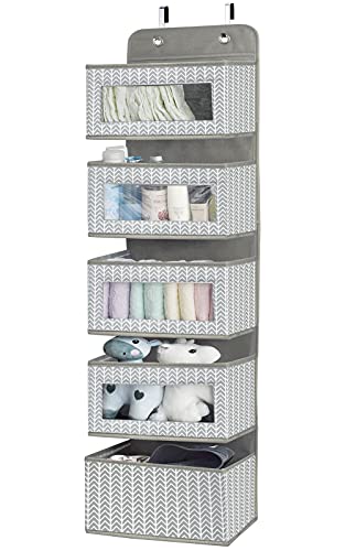 Over the Door Hanging Organizer with 5 Large Pockets - Wall Mount Pantry Storage with Clear PVC Window & 2 Big Metal Hooks for Closet,Bathroom,Nursery,Bedroom,Dorm,Baby Diapers,Kids Toys (Gray) - color: Branch Pattern Grey