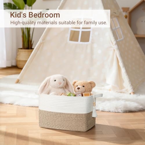Mkono Woven Storage Basket, Cube Cotton Rope Basket for Shelves, Clothes, Toys, Towels, Books, Rectangle Bin with Handles for Organizing, Decorative Gift, 13'' x 10'' x 9'', Brown and White (1 Pack) - color: Brown and White