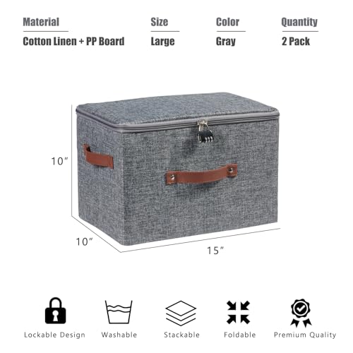2PCS Storage Bins Boxes with Zipper Lid Combination Lock PU Leather Handles Cotton Linen Fabric Lidded Lockable Baskets Foldable Washable Closet Shelf Organizer Container (Gray, Large) - color: Gray, size: Large ( Set of 2 )