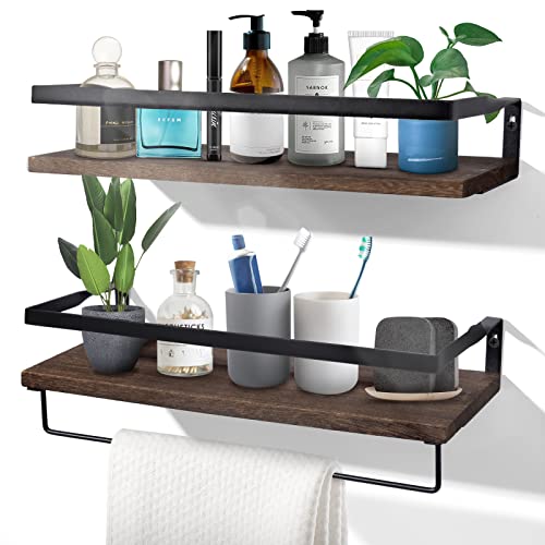 Uten Floating Shelves, Wall Shelves Set of 2, Wall Mounted for Bathroom, Bedroom, Kitchen, Bathroom Shelf with Towel Bar, Sturdy Structure, Easy Installation - color: Dark Brown