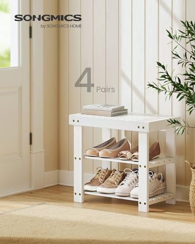 SONGMICS Shoe Rack Bench, 3-Tier Bamboo Shoe Storage Organizer, Entryway Bench, Holds Up to 286 lb, 11.3 x 19.7 x 17.8 Inches, for Entryway Bathroom Bedroom, Cloud White ULBS001W01 - color: Cloud White, size: 19.7"W
