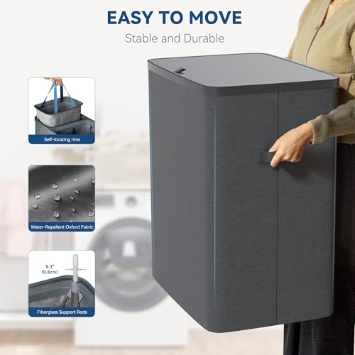 Dual Section 90 liter/23.8 gallon Laundry Hamper Separation Basket with lid, 2 Removable Washing Bags with Handles,Large Laundry Sorter for Easy Clothes Separation - Dark Gray - size: 2 Section,Dark Gray