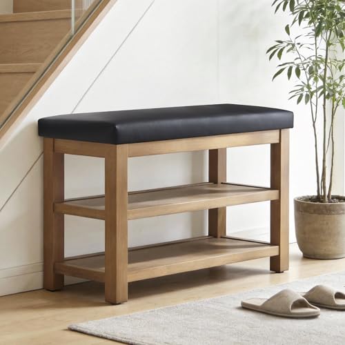 Zihanhome Shoe Rack Bench with Leather Cushion, 2 Tier Solid Wood Storage Bench, Mid-Century Modern Shoe Bench for Entryway, Hallway, Closet, Front Door Entrance, Foyer (Black, 31.5) - color: Black, size: 31.5"